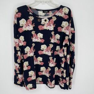 Victoria NWT Women's Navy Floral Grommet Detail Long Sleeve Knit Top Size XL-XXL